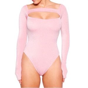 NAKED WARDROBE Glitter Sparkle Cutout Bodysuit NEW Size L Metallic Pink